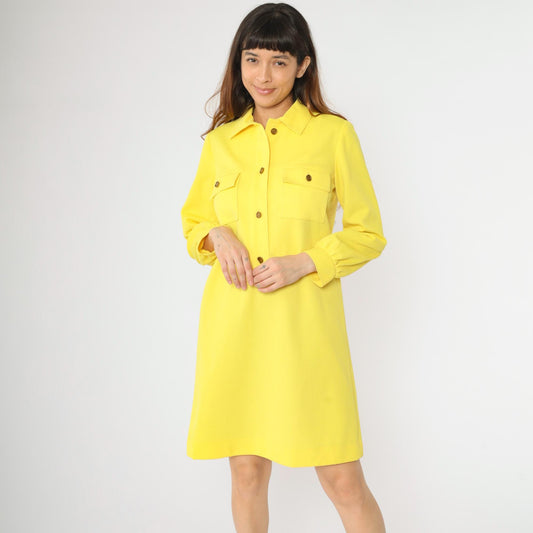 1970s L'Aiglon Yellow Knit Mod Shift Dress Button Front Pockets Small