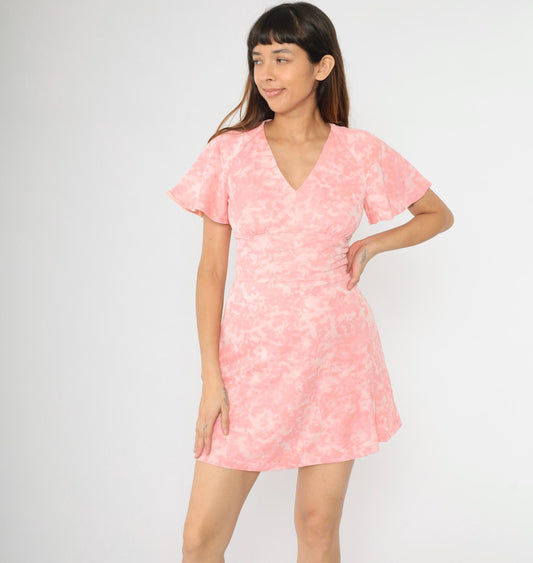60s Pink Tie Dye Babydoll Mini Dress Flutter Sleeve Empire Waist Small