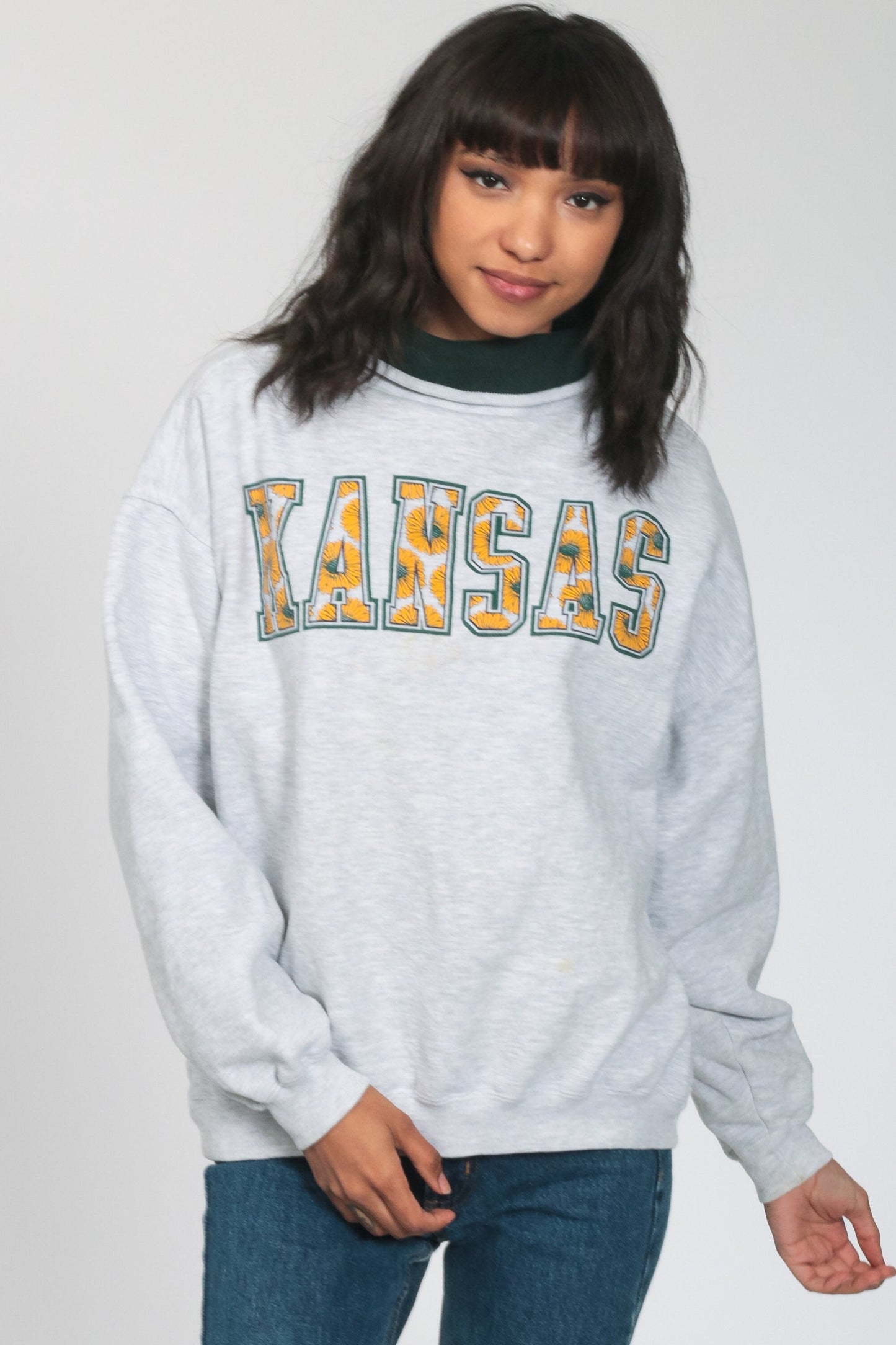 90s Kansas Sunflower Graphic Sweatshirt Grey Crewneck Large