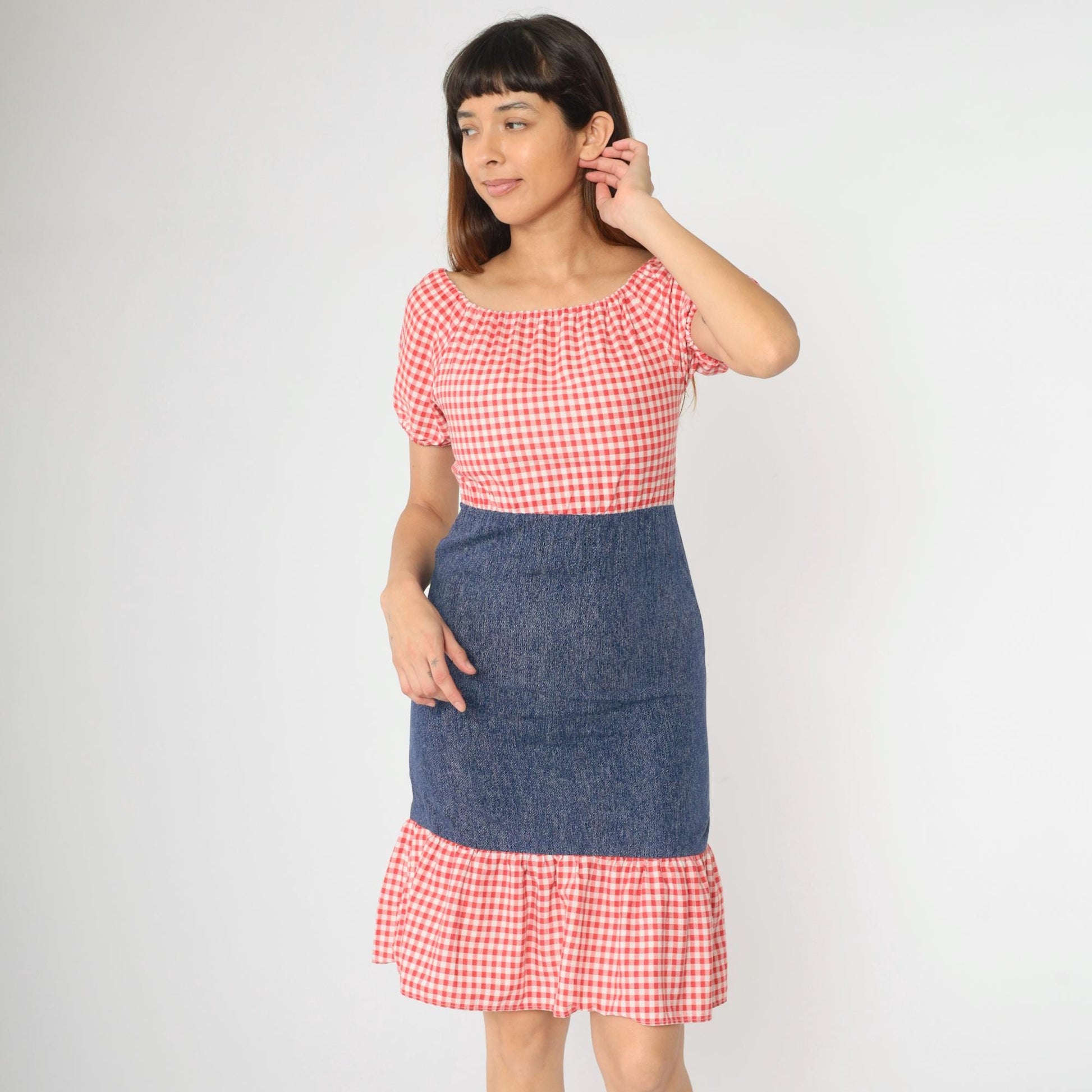 70s Red Gingham Peasant Dress Puff Sleeve Mini Chambray Skirt 2XS