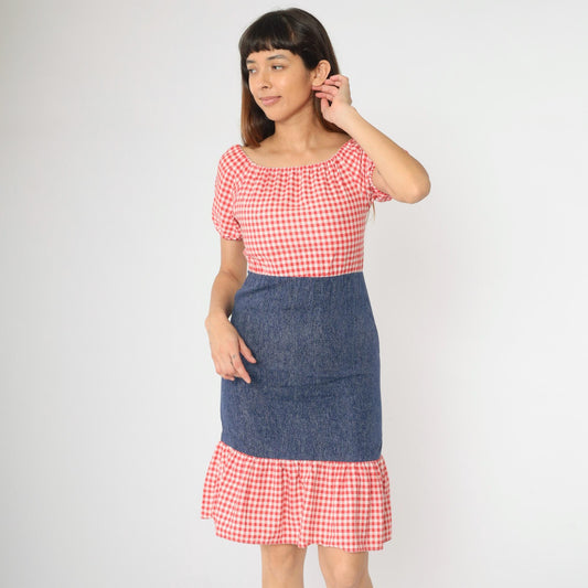 70s Red Gingham Peasant Dress Puff Sleeve Mini Chambray Skirt 2XS