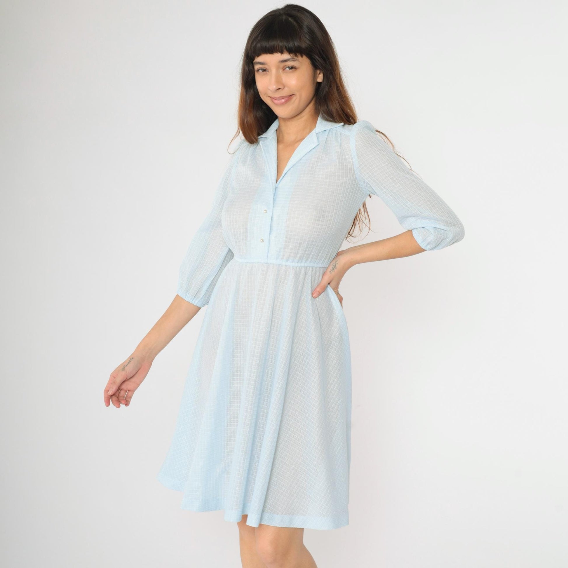 70s Light Blue Sheer Midi Dress Puff Sleeve Button Front Grid Pattern Small