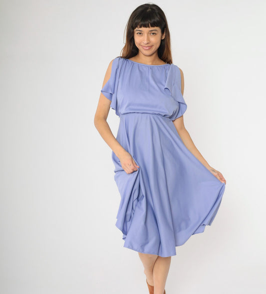70s Lavender Disco Midi Dress High Elastic Waist Flutter Sleeve Small