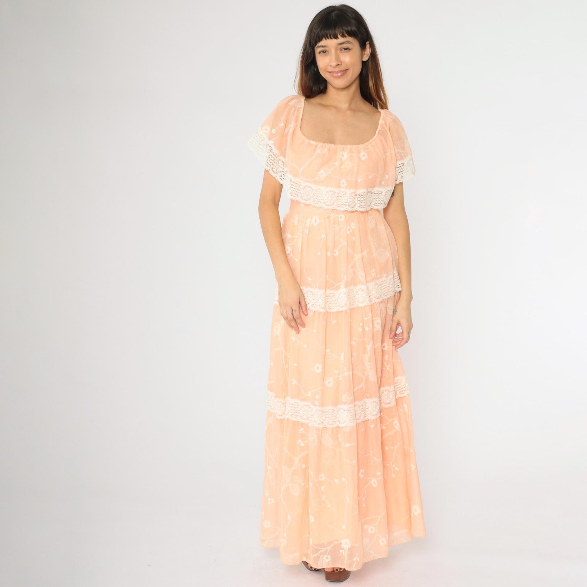 70s Peach Floral Off-Shoulder Maxi Dress Lace Tiered Peasant Small