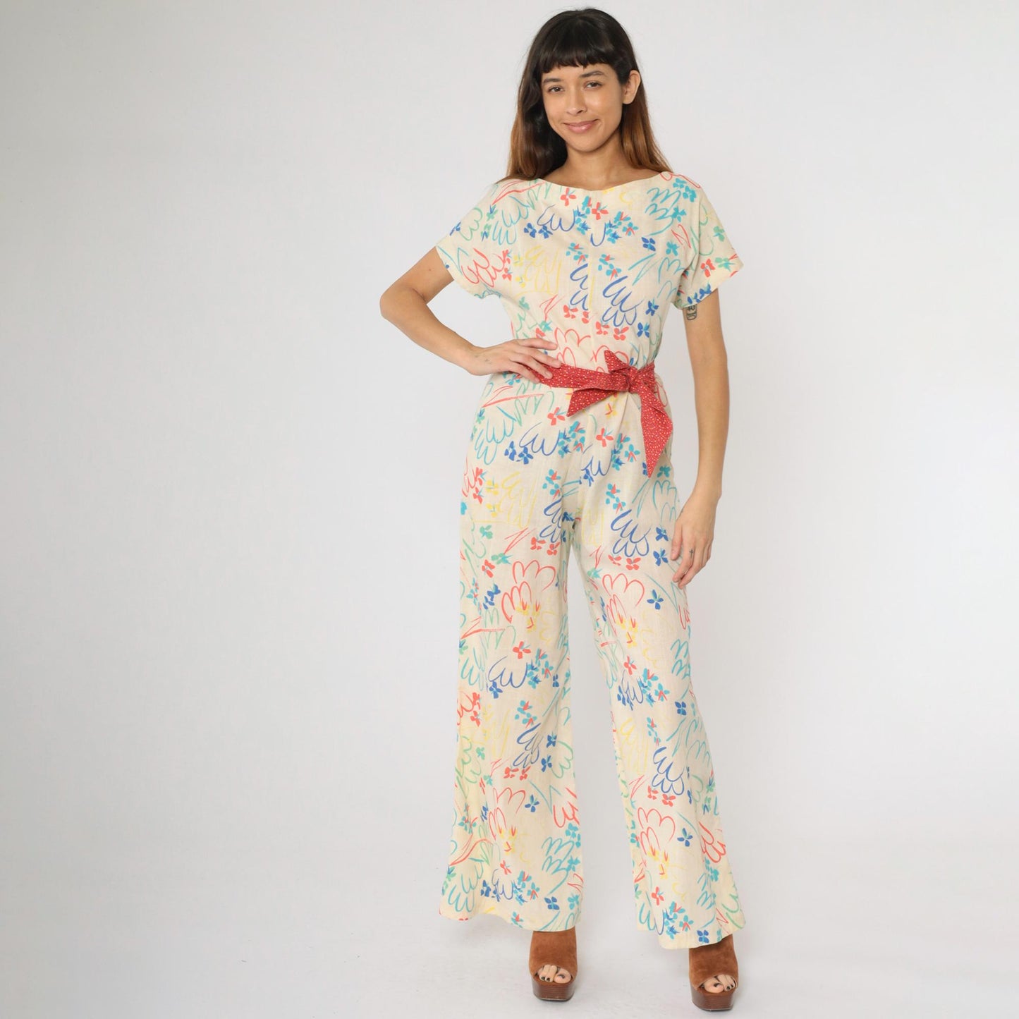 70s Floral Wide Leg Jumpsuit Off-White Short Sleeve Zip Back Small Medium