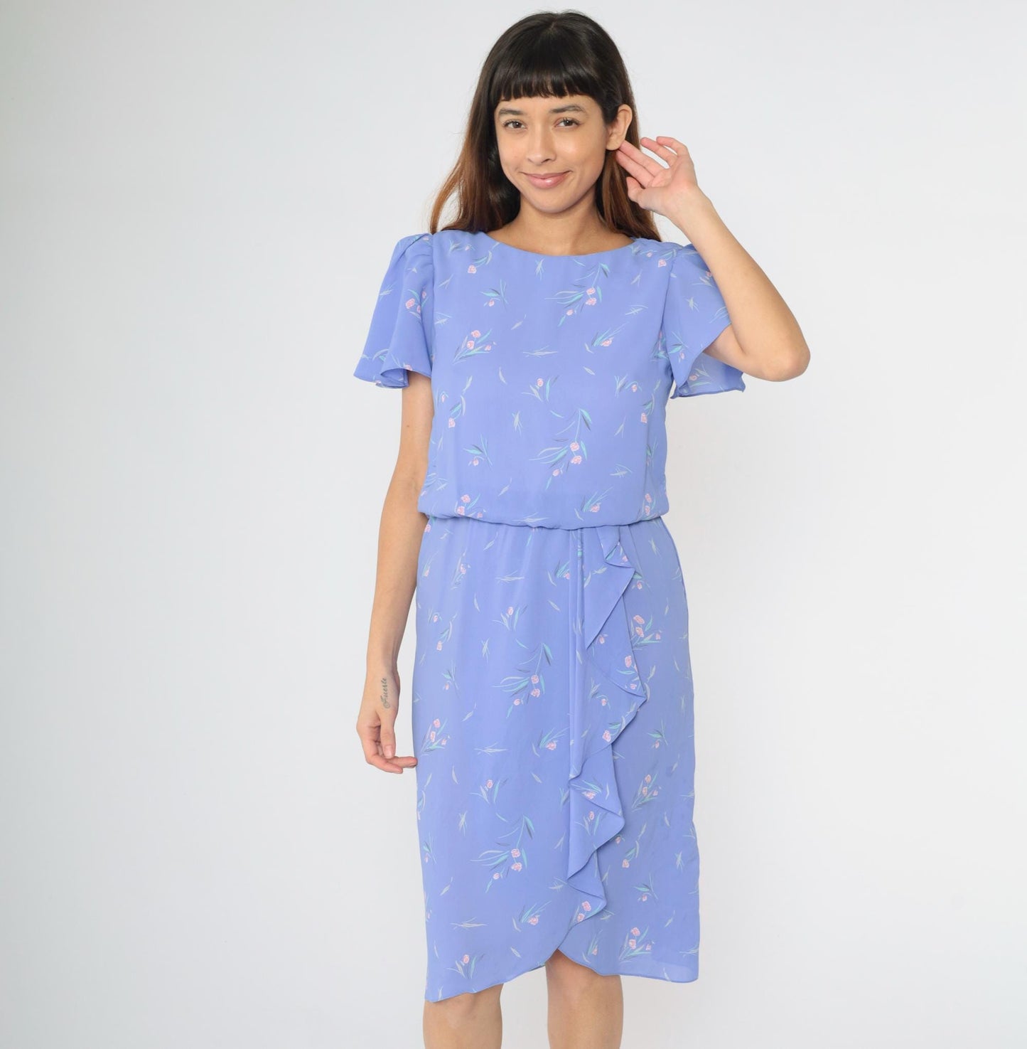 1970s Lavender Floral Midi Dress Flutter Sleeves Blouson Wrap Small