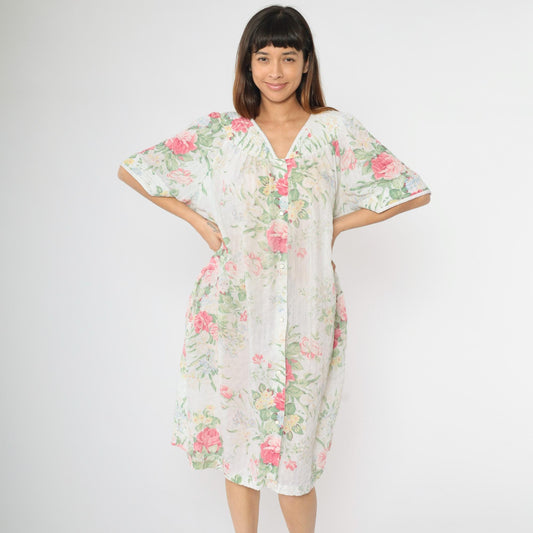 80s Floral Lounge Dress White Snap-Front Nightgown Pockets Extra Large