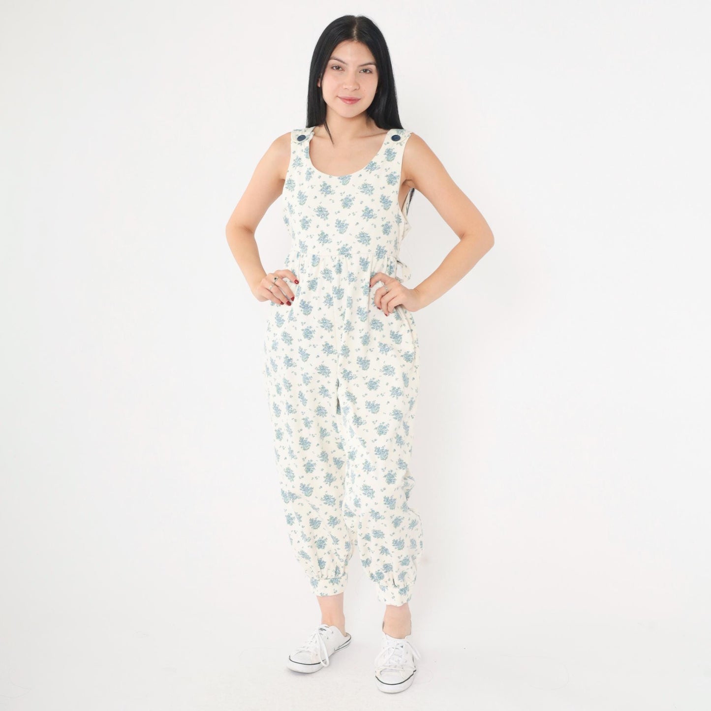 80s Floral Jumpsuit Off-White Blue Sleeveless Harem Tapered Ankle Extra Small
