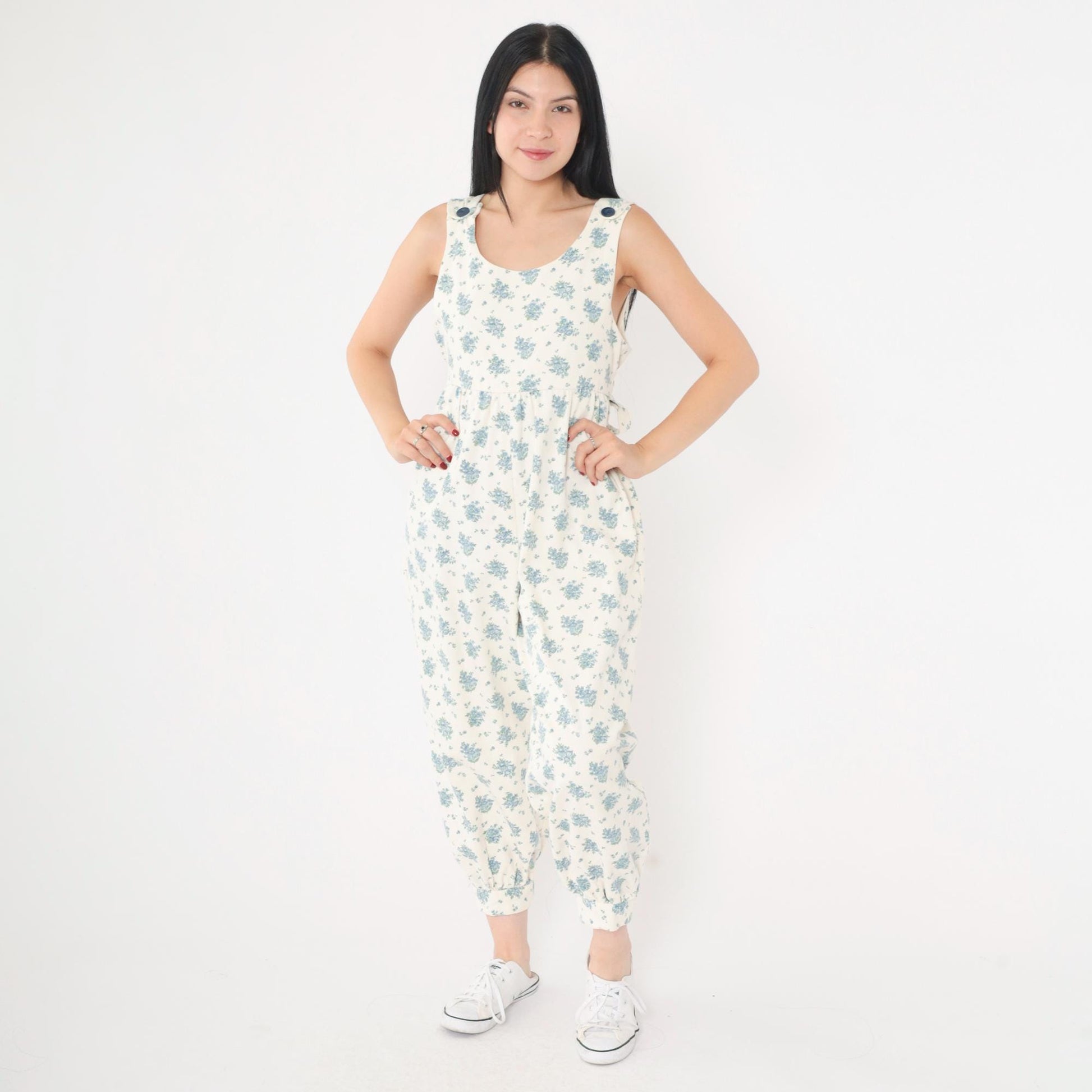 80s Floral Jumpsuit Off-White Blue Sleeveless Harem Tapered Ankle Extra Small