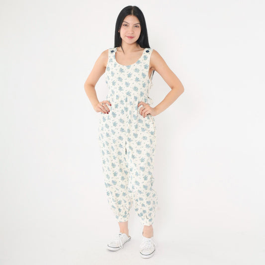 80s Floral Jumpsuit Off-White Blue Sleeveless Harem Tapered Ankle Extra Small