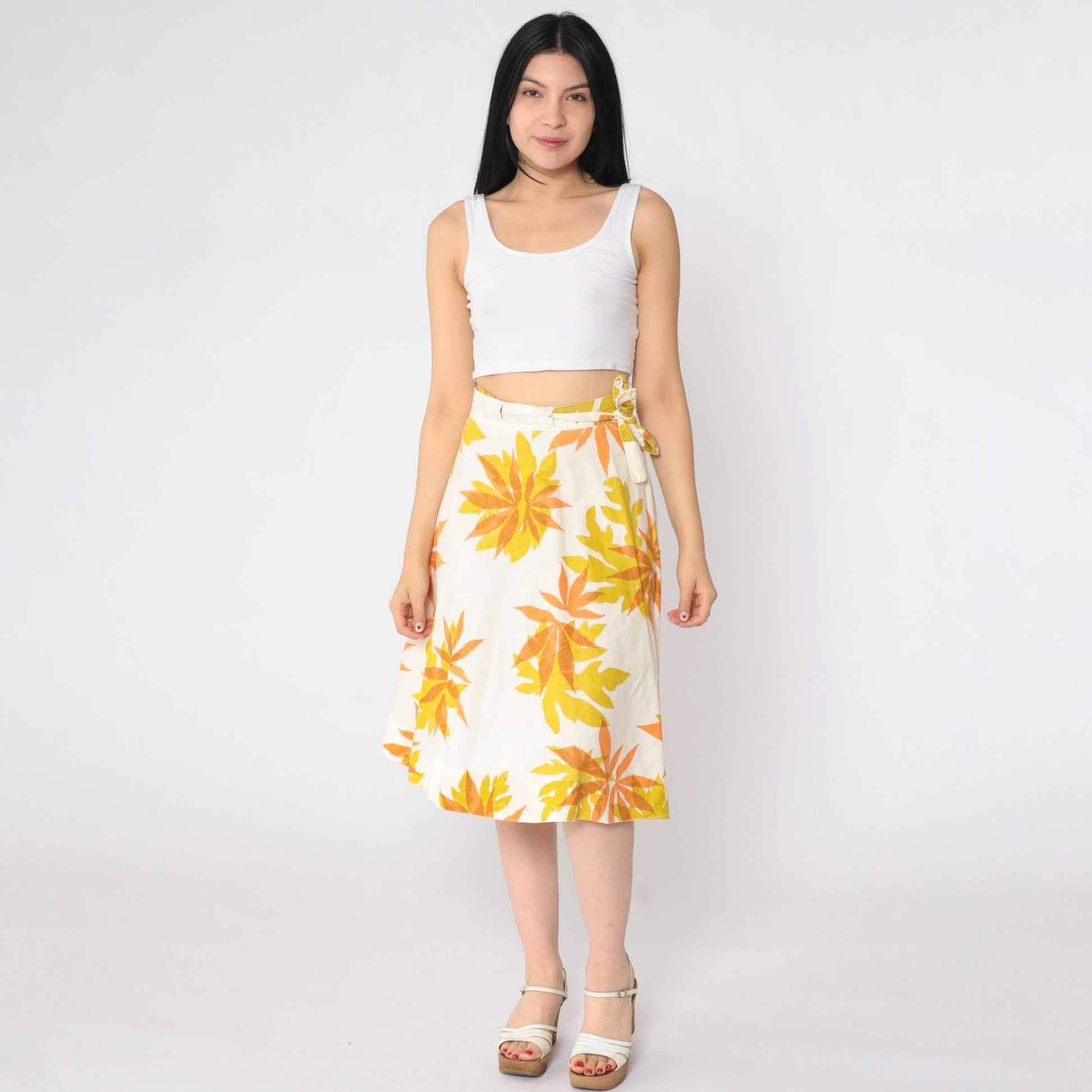 70s Tropical Floral Wrap Midi Skirt White Mustard Orange Small