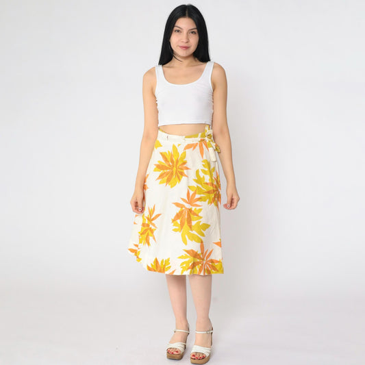 70s Tropical Floral Wrap Midi Skirt White Mustard Orange Small