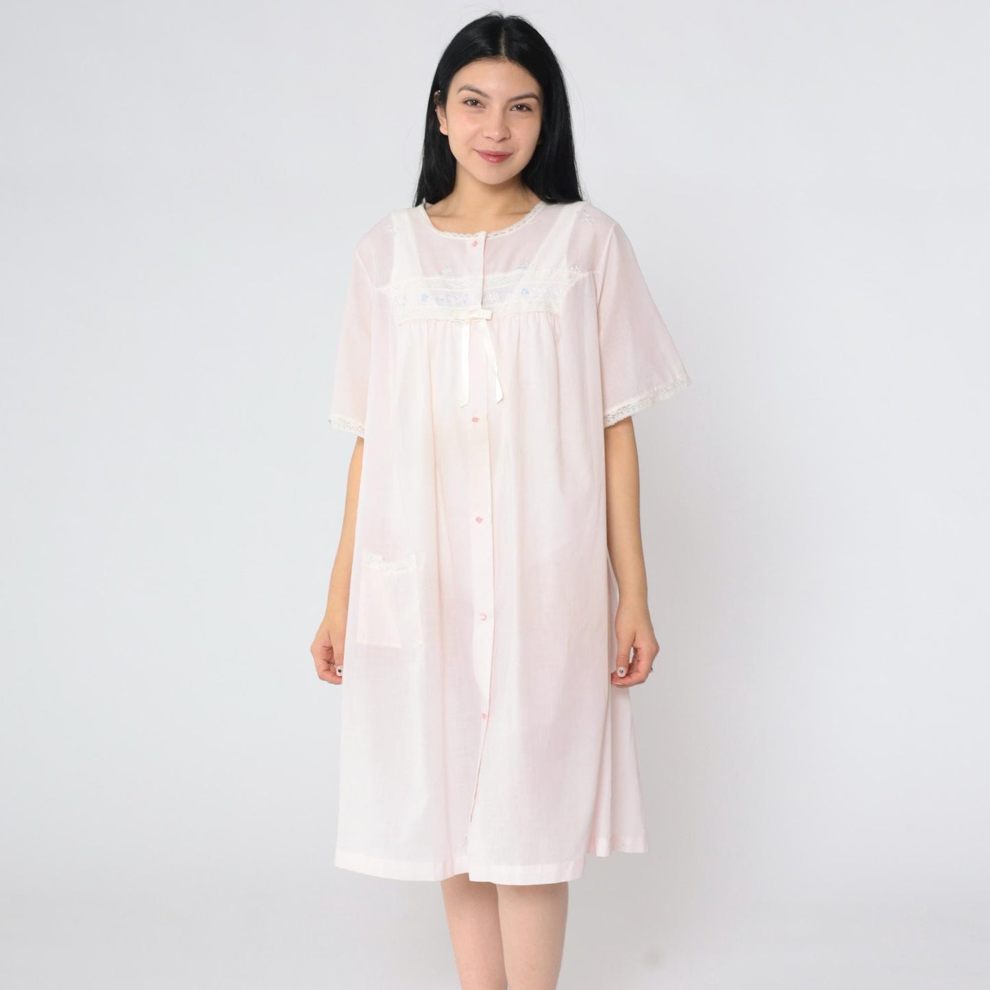 70s Shadowline Pink Robe Lace Floral Embroidered Button-Up Nightgown Large L