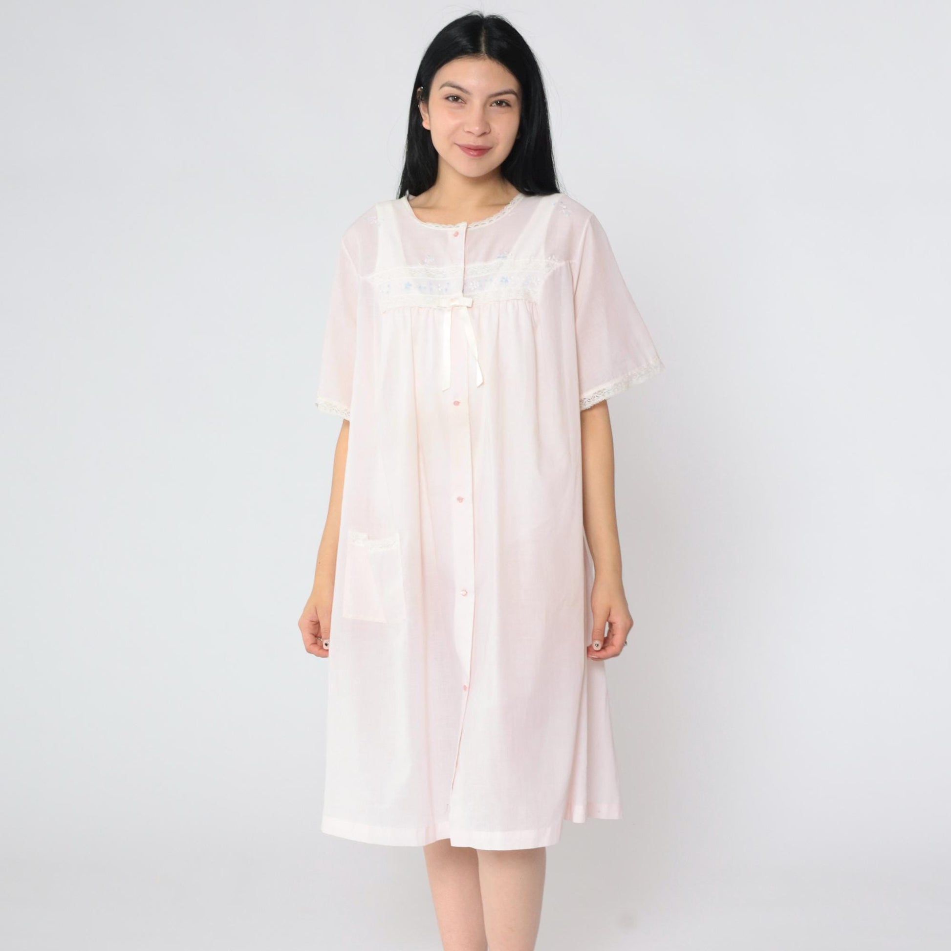 70s Shadowline Pink Robe Lace Floral Embroidered Button-Up Nightgown Large L