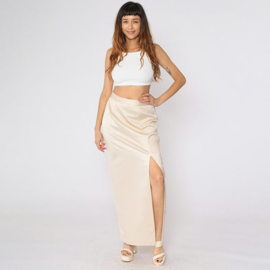 90s JR Nites Cream Satin Maxi Skirt High Front Slit Column Small