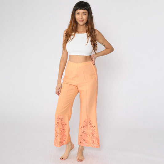 70s Orange Lace Cutwork Bell Bottom Pants High Rise Flared Small