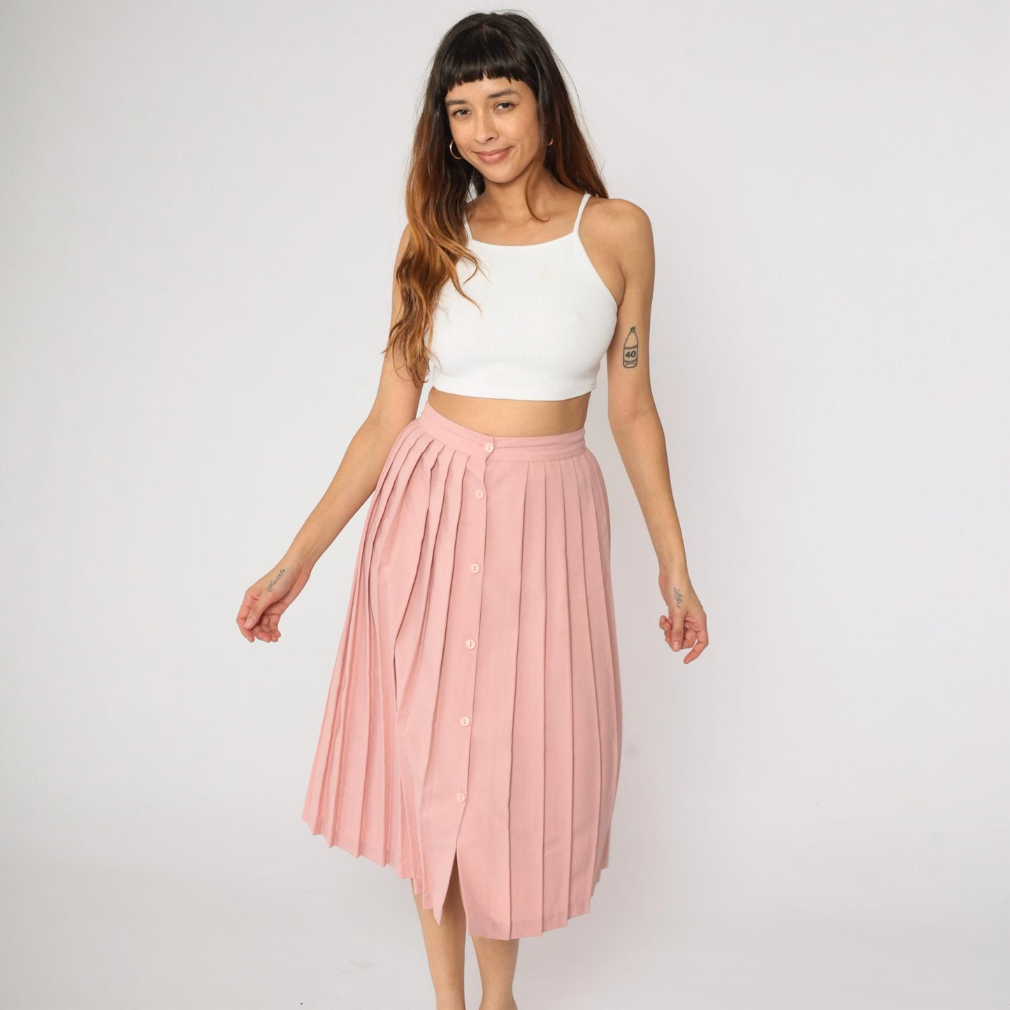 80s Nine to Five Pink Pleated Midi Skirt Button Front High Waist Small