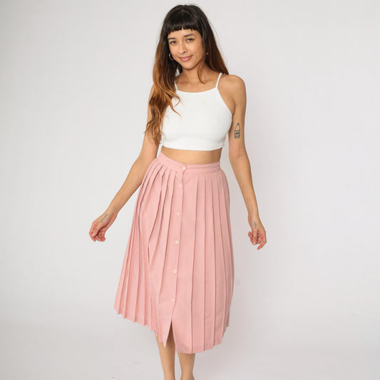 80s Nine to Five Pink Pleated Midi Skirt Button Front High Waist Small