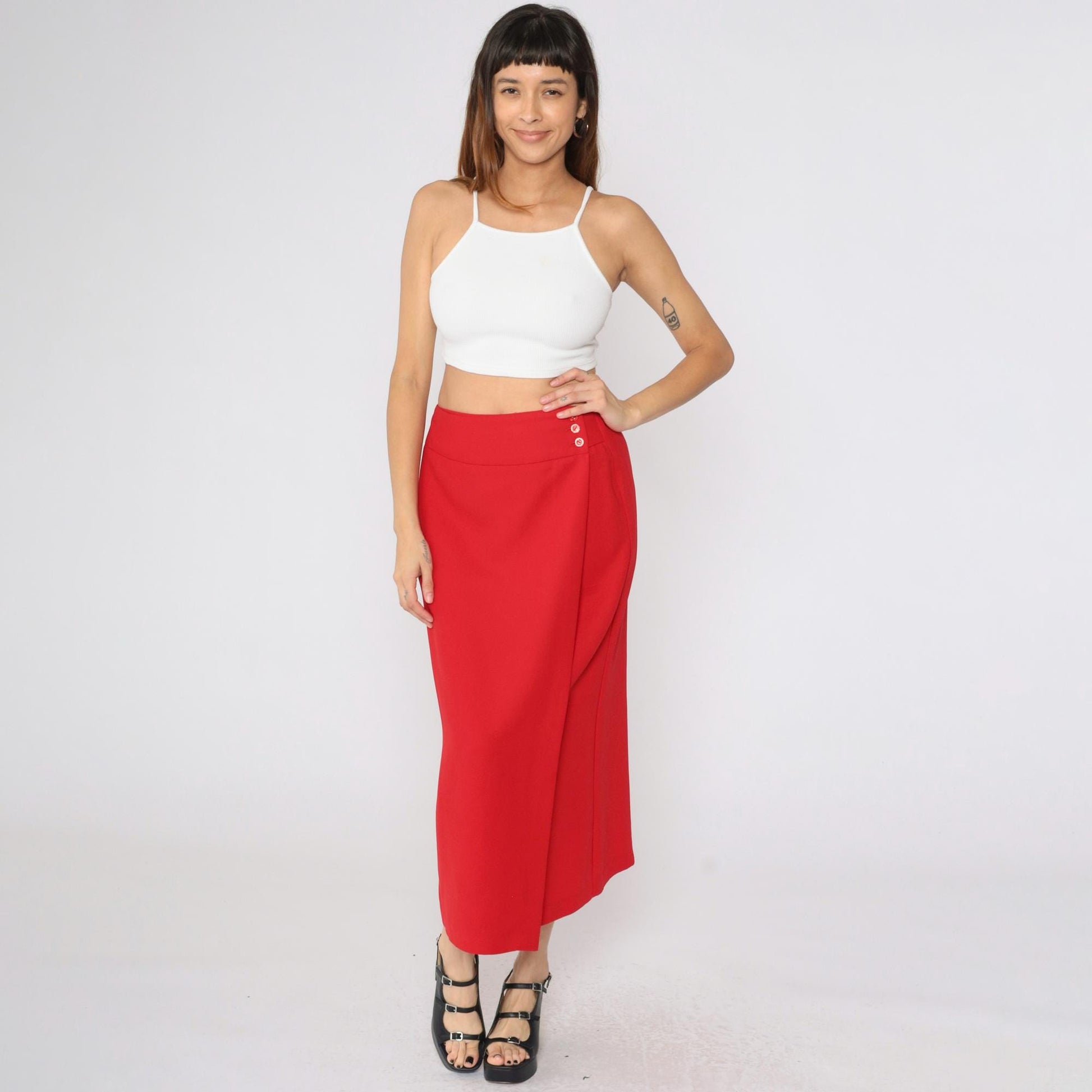 90s Red Faux Wrap Skirt High Waist Straight Midi Ankle Length Medium 8