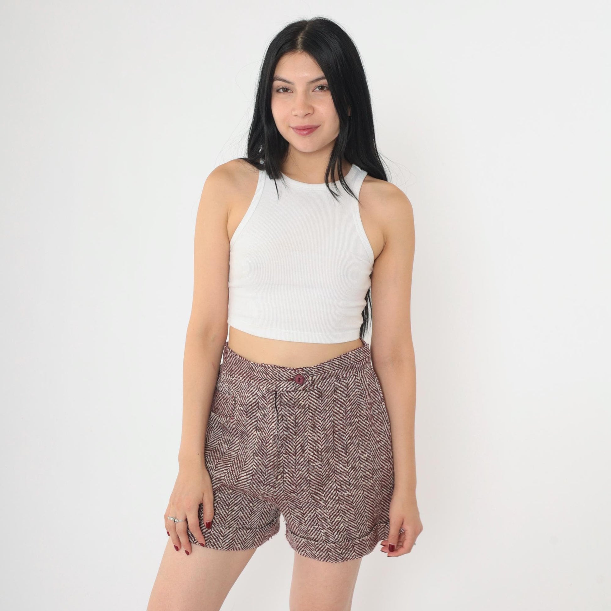 70s 80s Wool Blend Herringbone Shorts Burgundy White High Waist Cuffed Small