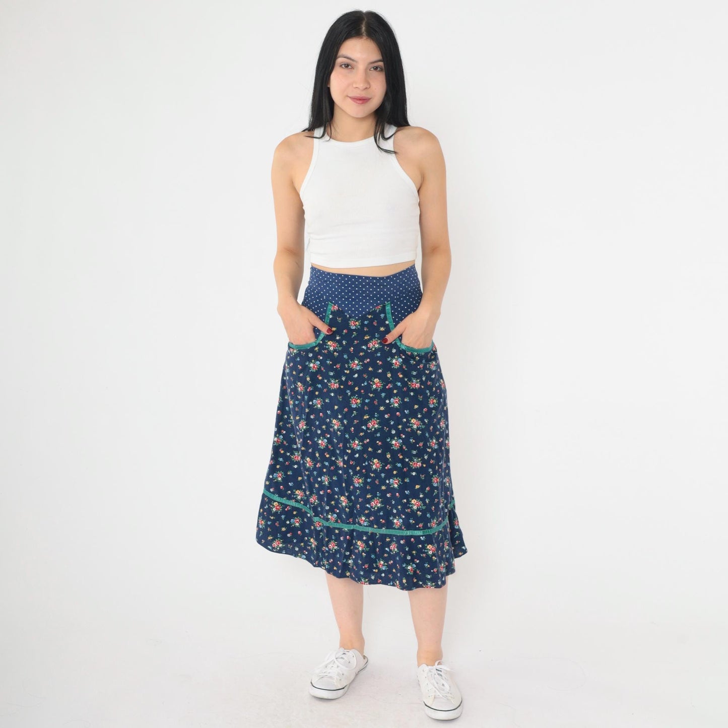 70s Gunne Sax Floral Midi Skirt Blue Polka Dot Calico Small