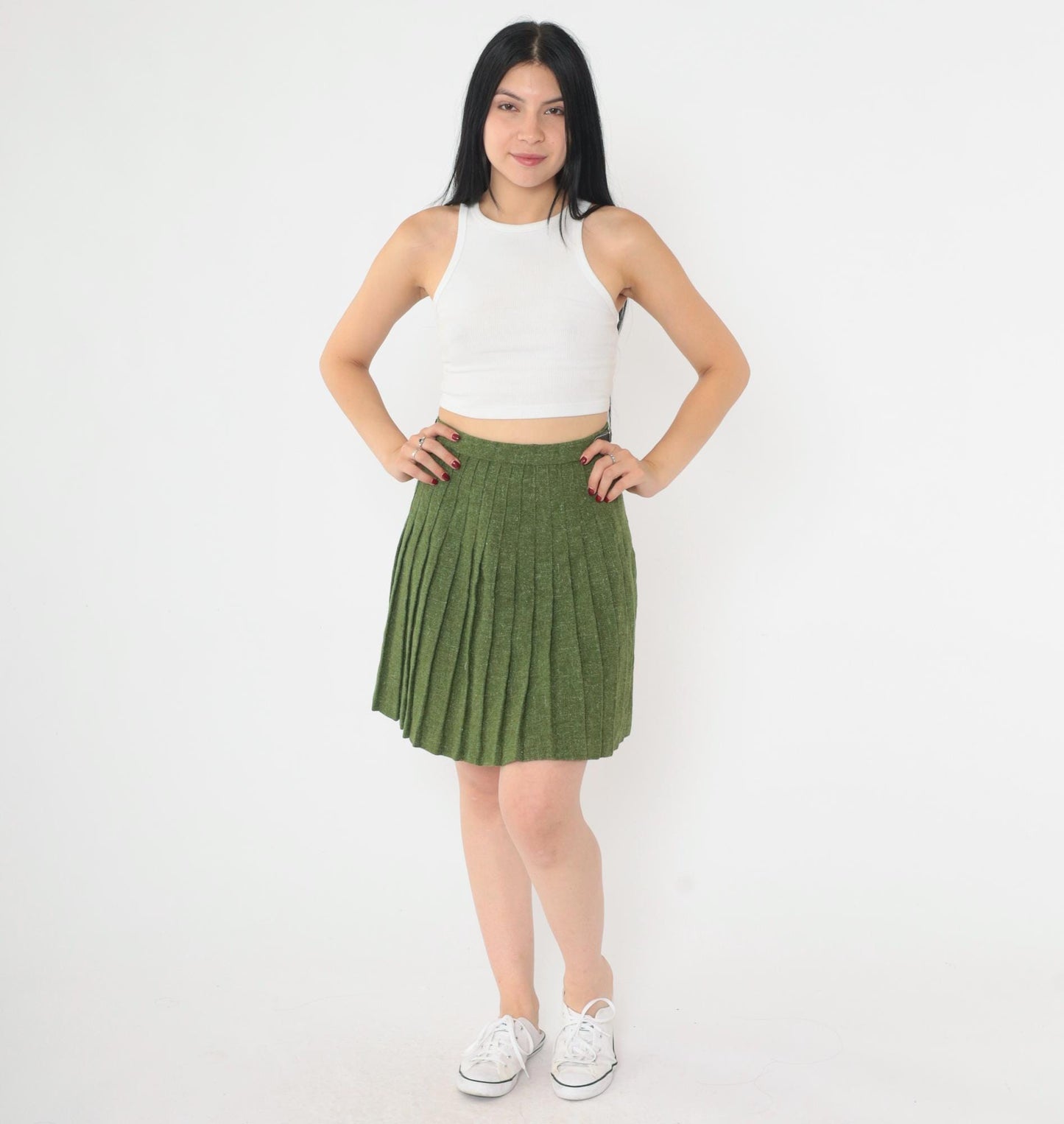 60s Wool Mini Skirt Olive Green Flecked High Waist Pleated XXS