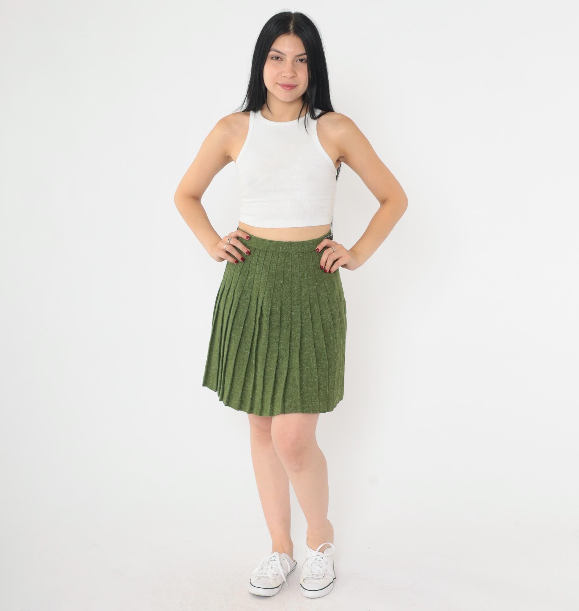 60s Wool Mini Skirt Olive Green Flecked High Waist Pleated XXS