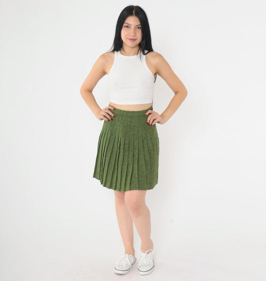 60s Wool Mini Skirt Olive Green Flecked High Waist Pleated XXS