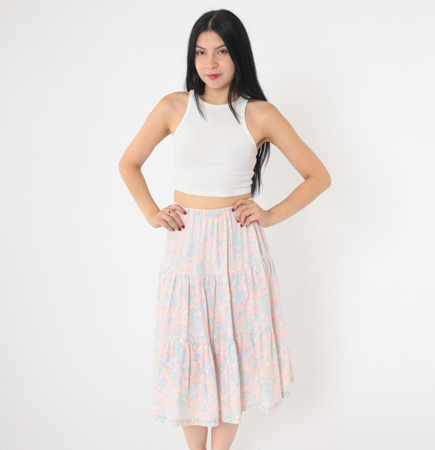 80s Pastel Floral Tiered Midi Skirt High Waist Pink Blue Small