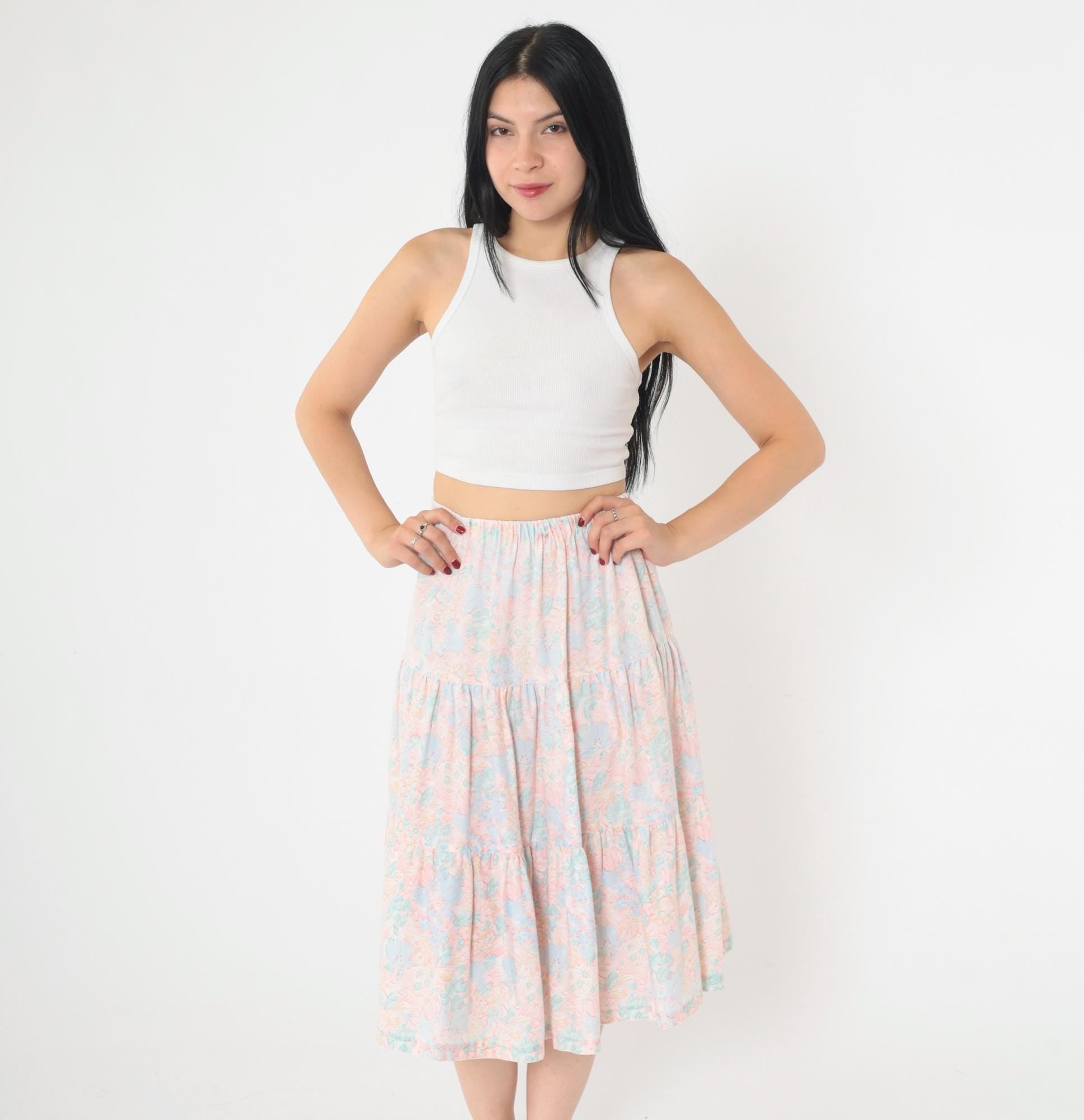 80s Pastel Floral Tiered Midi Skirt High Waist Pink Blue Small