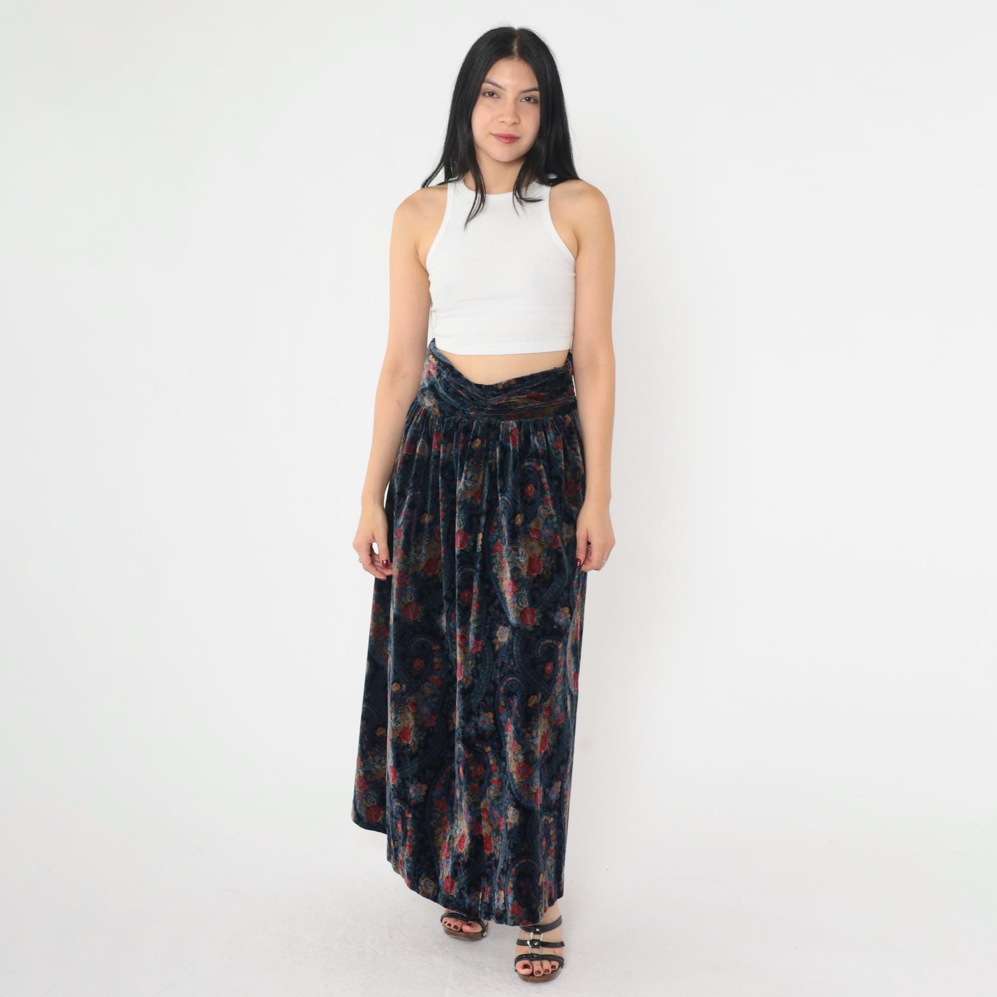 90s Floral Paisley Cotton Maxi Skirt Black Blue High Waist Small