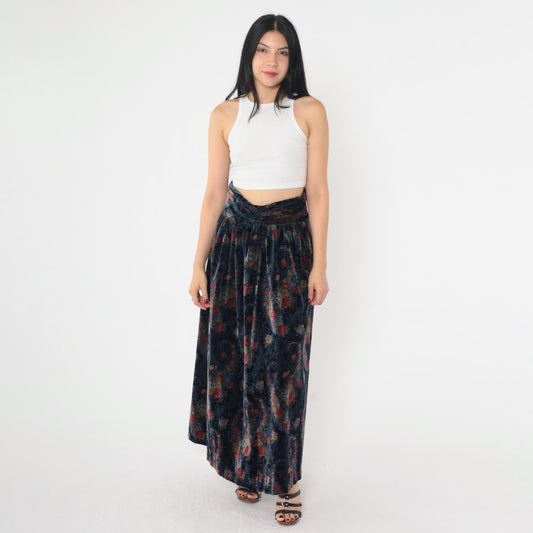 90s Floral Paisley Cotton Maxi Skirt Black Blue High Waist Small