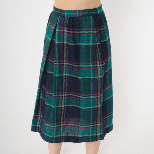80s Jack Winter Pleated Plaid Wool Midi Skirt Teal Pink High Waist Small