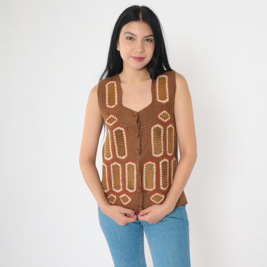 70s Brown Suede Crochet Vest Top Sleeveless Button Front Small