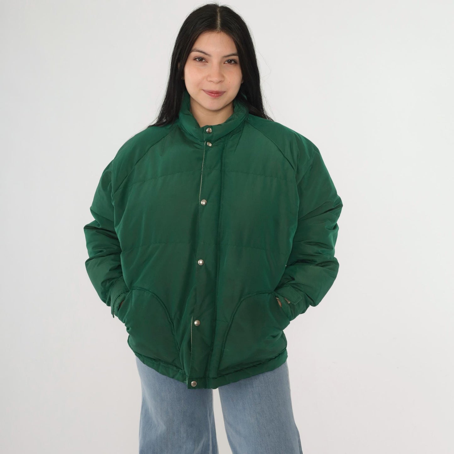 80s Green Down Puffer Jacket Nylon Ski Coat Snap Front Large L