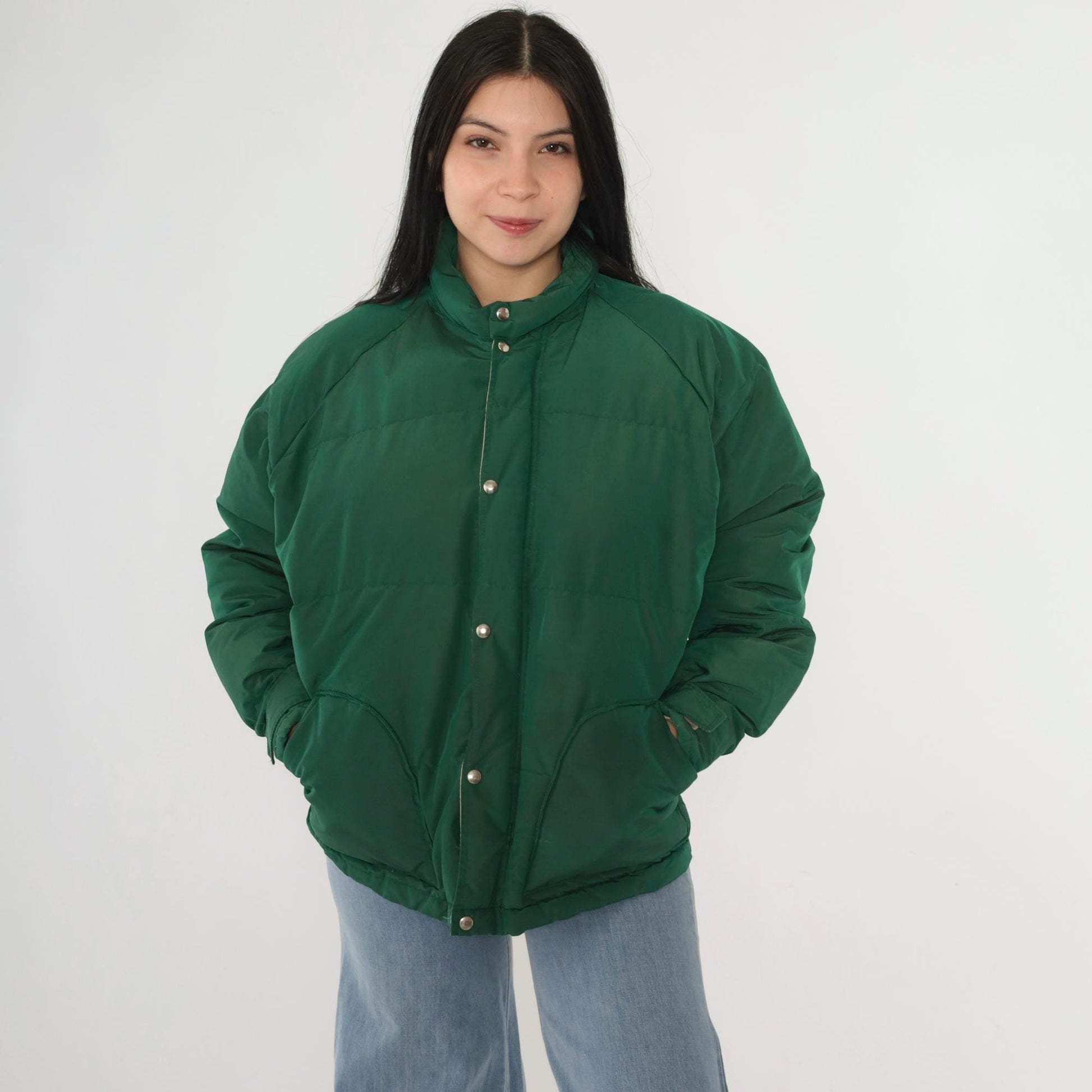 80s Green Down Puffer Jacket Nylon Ski Coat Snap Front Large L