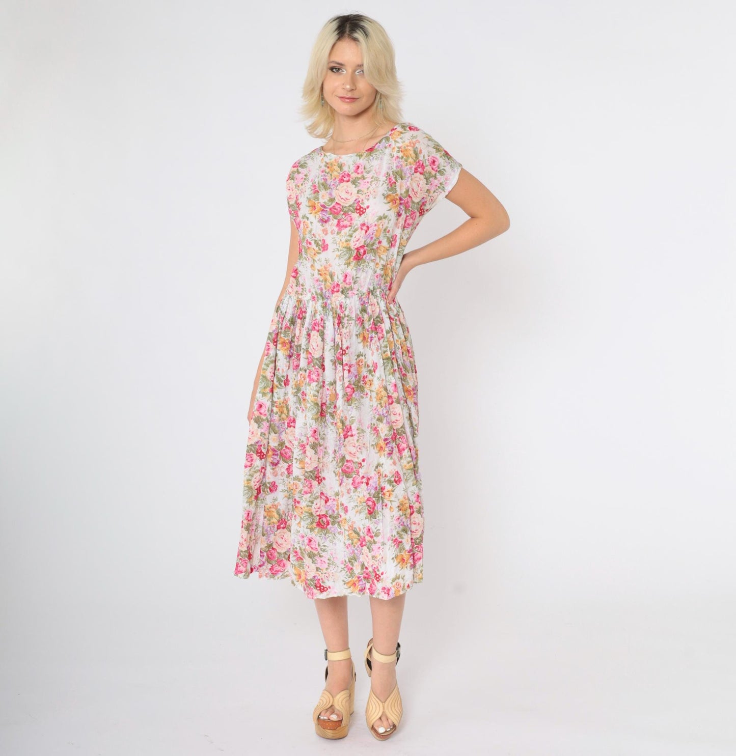 90s Bila Floral Midi Dress White Pink Yellow Green High Waist Medium M