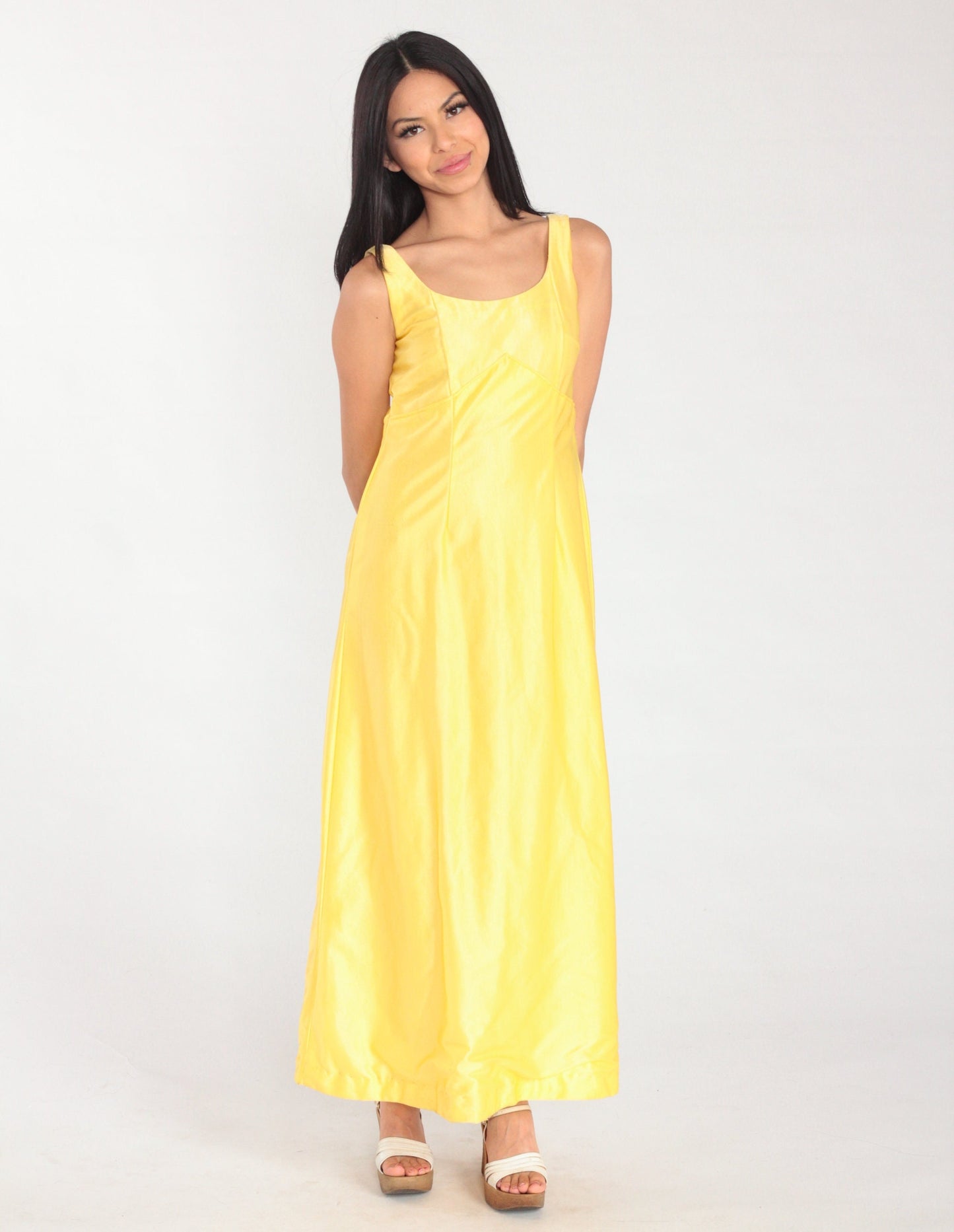 70s Yellow Empire Waist Maxi Dress Sleeveless Ankle Length Small