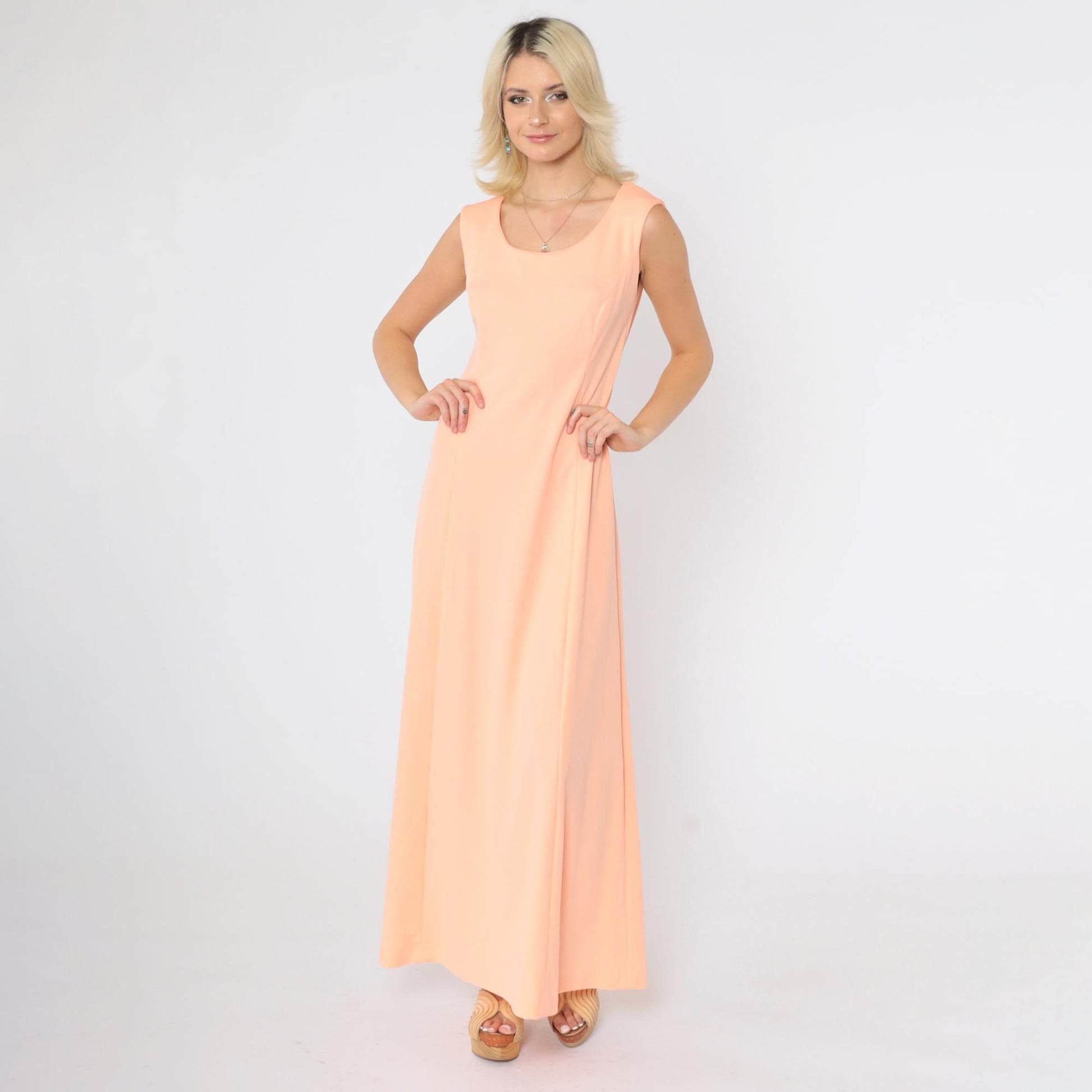 70s Peach Maxi Dress Sleeveless Princess Seam A-Line Disco Gown Small