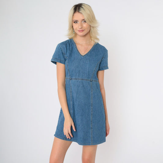 90s Laura Ashley Blue Denim Mini Dress Empire Waist V Neck Small 6