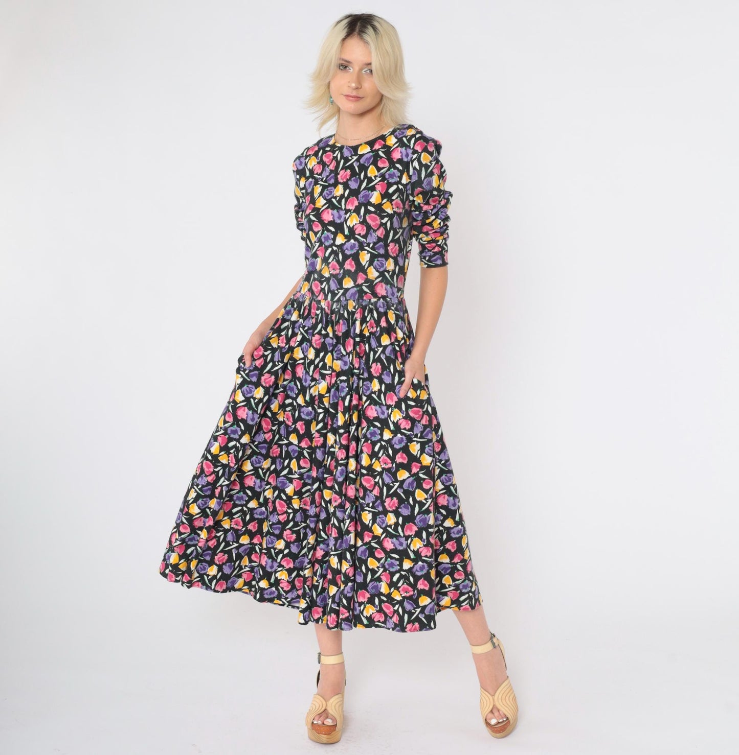 80s Black Floral Drop Waist Midi Dress Pink Yellow Purple 3/4 Sleeve Medium