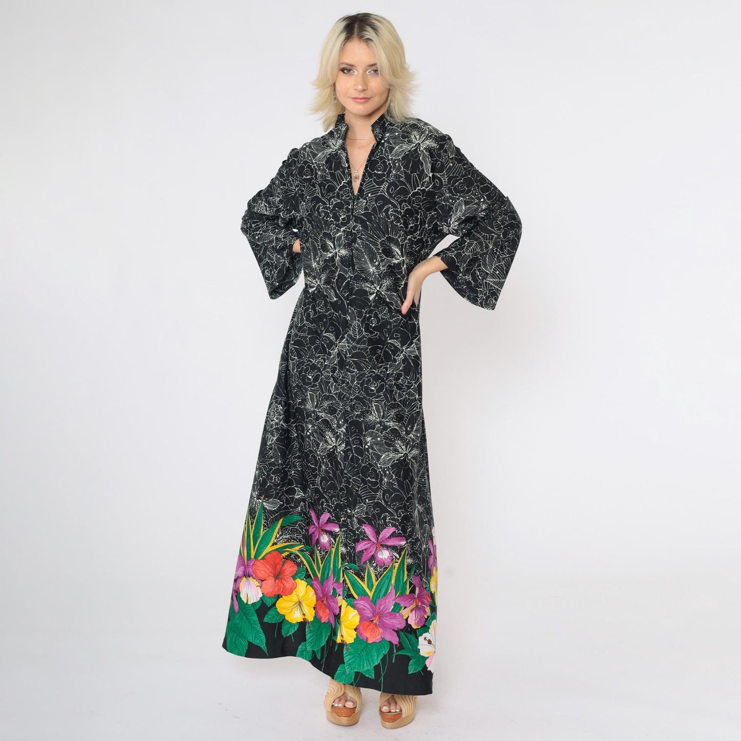 70s Black Floral Maxi Dress Hibiscus Print Front Zip Wide Sleeve Large L