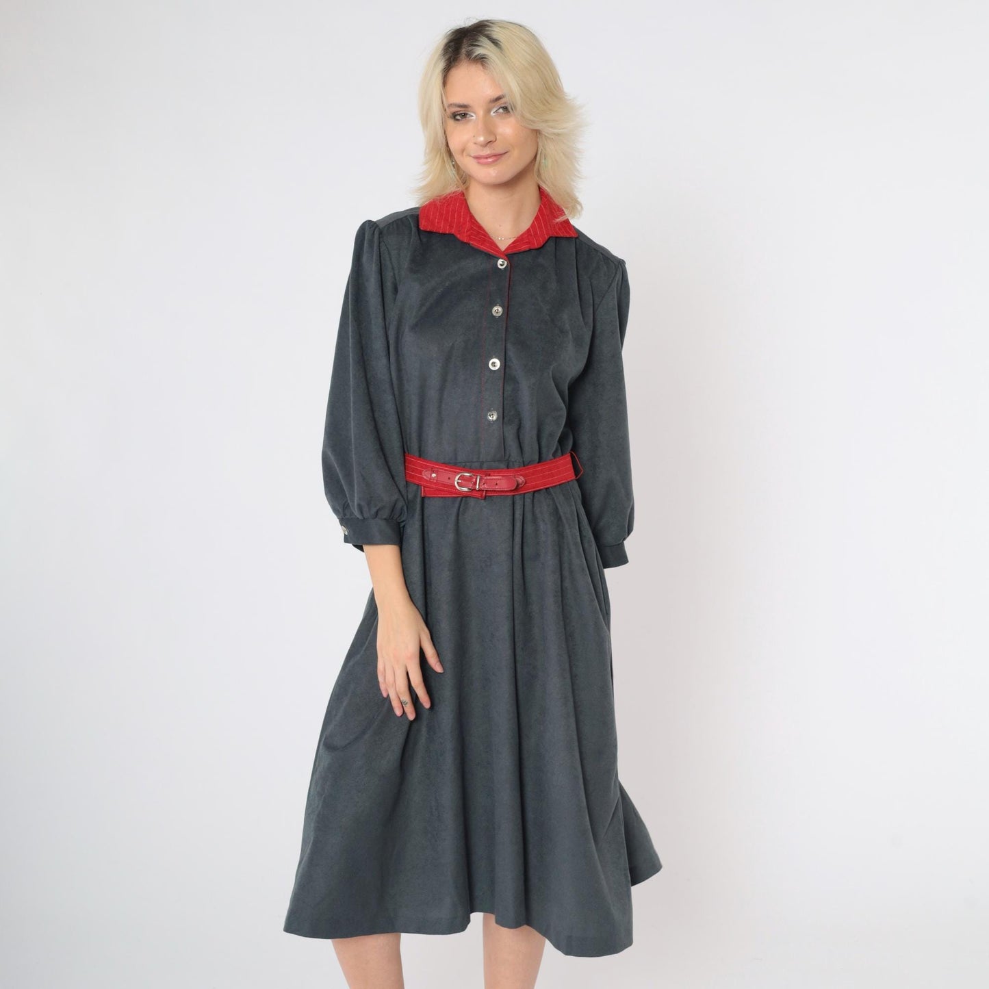 80s Velour Shirtdress Grey Red Contrast Puff Sleeve Midi Belted Medium