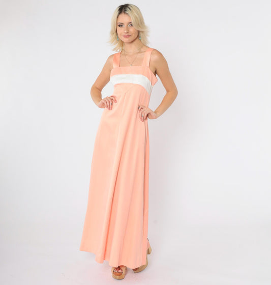 70s Peach Striped Empire Waist Maxi Dress & Jacket Set Extra Small