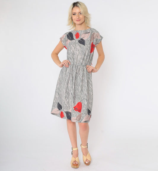 70s Floral Striped High-Waisted Dress Cap Sleeve Knee Length Small