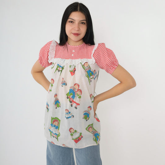 70s Raggedy Ann Pajama Shirt White Red Gingham Eyelet Puff Sleeve XXS