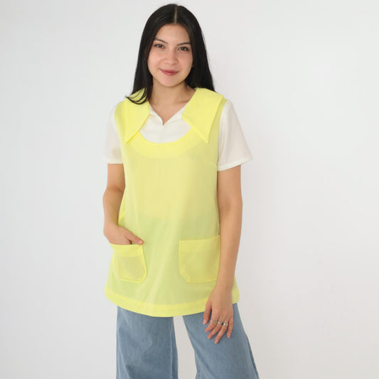 1960s Mod Yellow Pointed Collar Blouse Short Sleeve Layered Vest Pocket Top Medium M