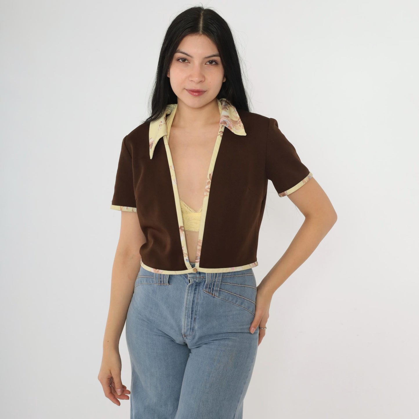 70s Brown Open Front Jacket Yellow Floral Trim Short Sleeve Medium