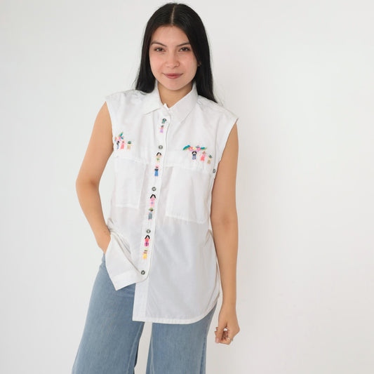 90s Embroidered White Tank Top Sleeveless Button Up Blouse Chest Pocket Medium