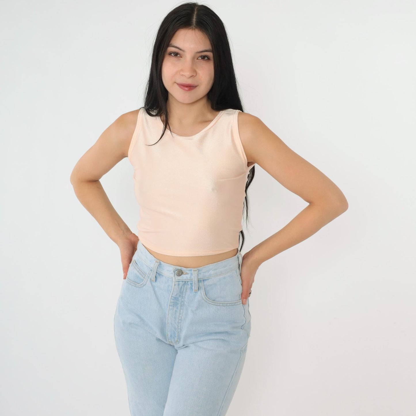 90s Shiny Peach Crop Tank Top Bodycon Fitted Extra Small XS